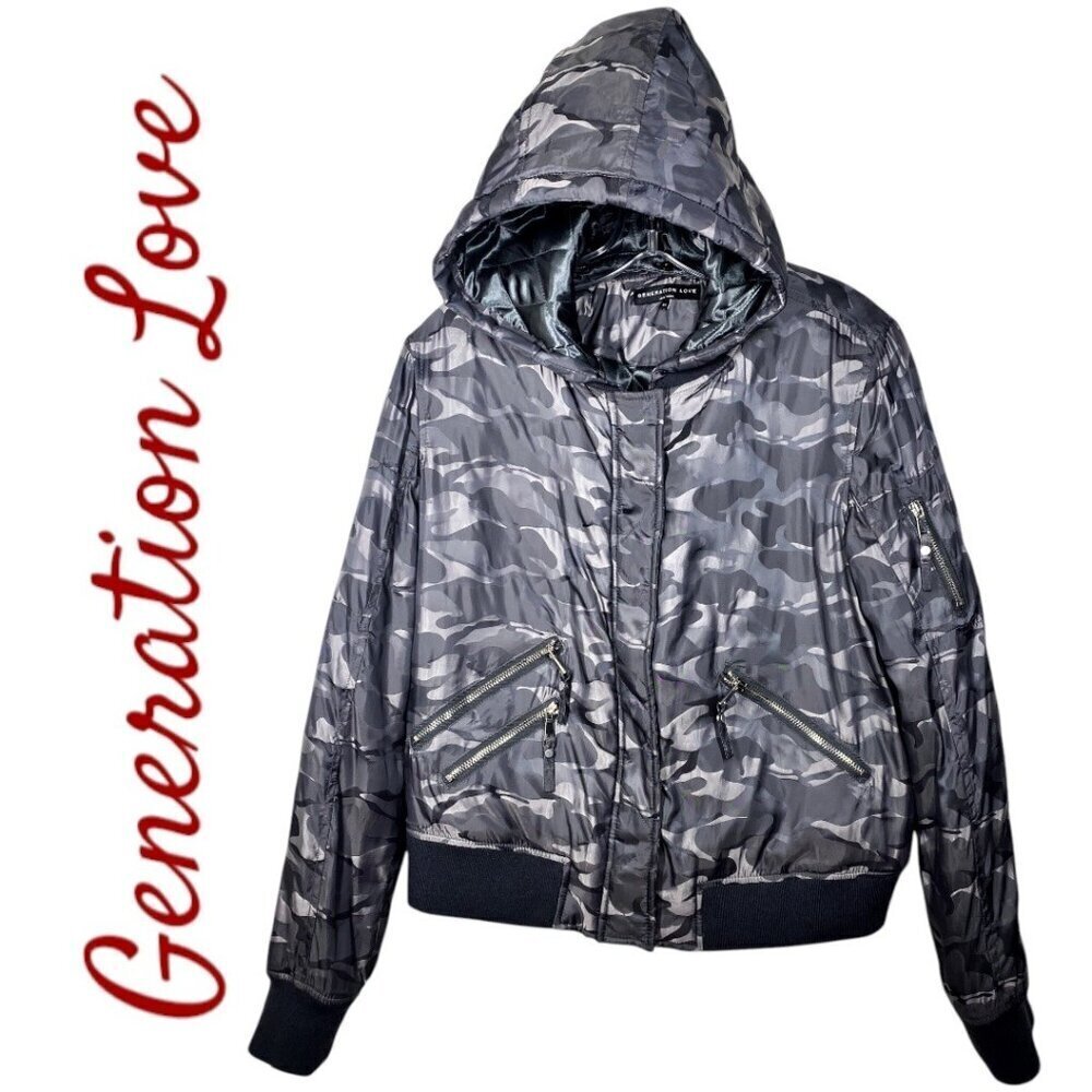 GENERATION LOVE James Metallic Silver Hooded Camo Puffer‎ Bomber Jacket, Medium